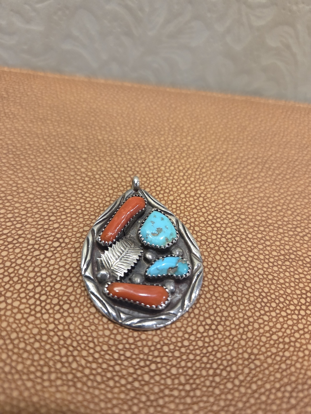 Angie Cheama Zuni Sterling Teardrop Pendant with Turquoise and Coral